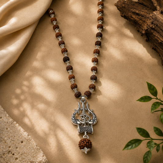 Divya Shiv Rudraksha Mala with Om Shiva Trishul Pendant – Silver Coating