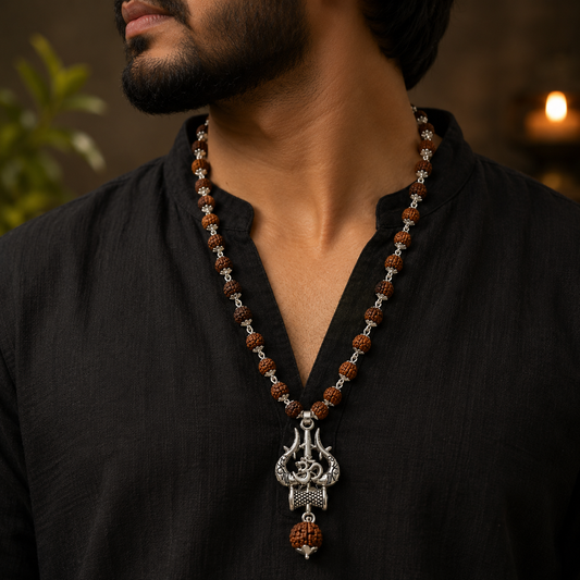 Divya Shiv Rudraksha Mala with Om Shiva Trishul Pendant – Silver Coating