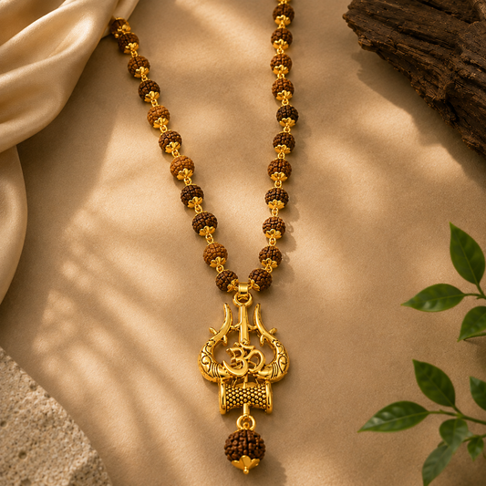 Divya Shiv Rudraksha Mala with Om Trishul Pendant - Gold Plated