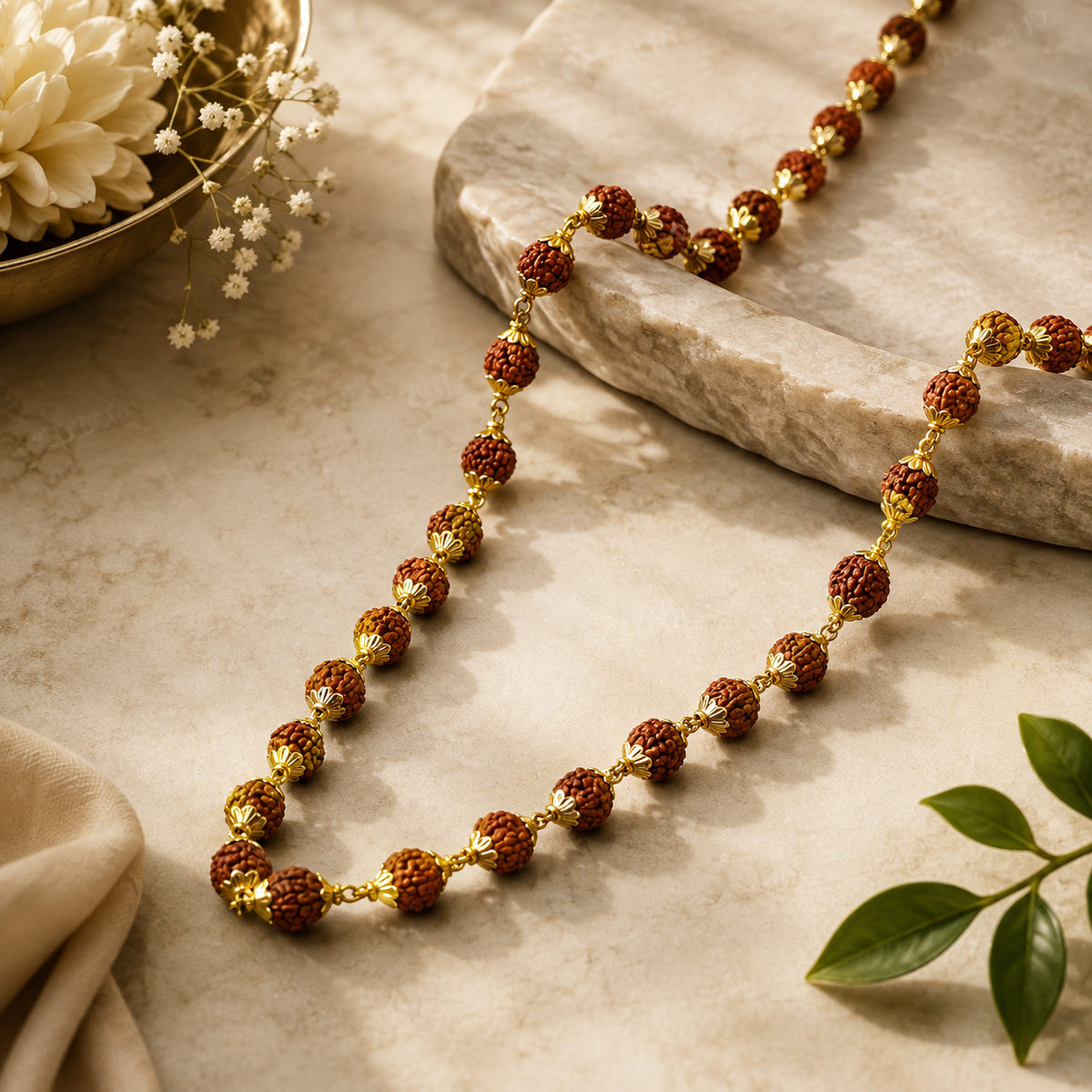 Gold Plated Rudraksha Mala + Modern Rudraksha Bracelet