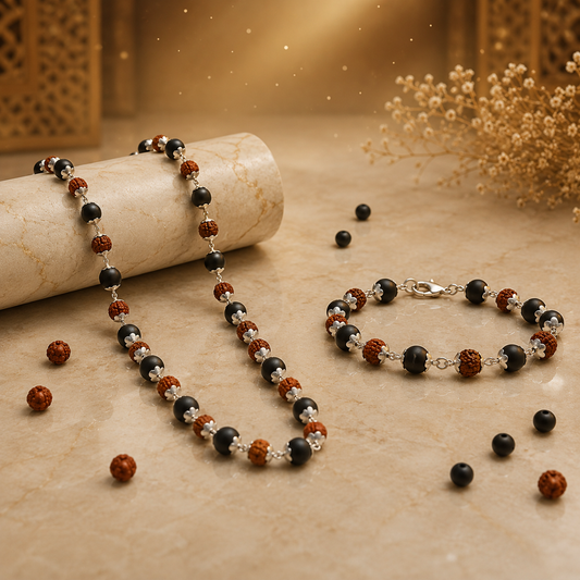 Silver Plated Rudraksha Karungali Mala + Bracelet Combo