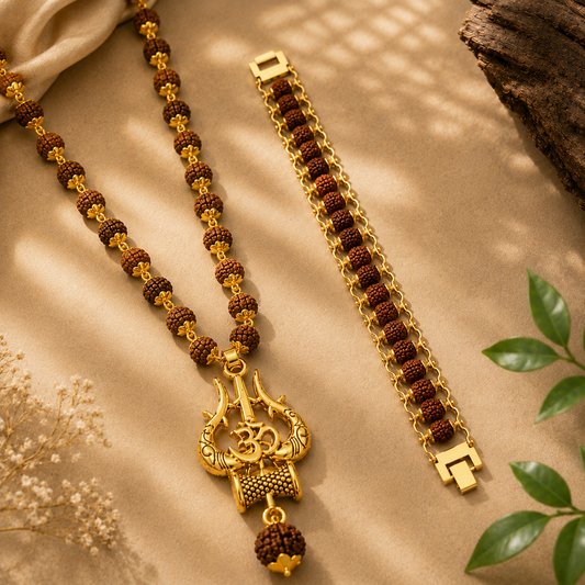 Gold Plated Trishul Pendant Rudraksha Mala + Modern Rudraksha Bracelet