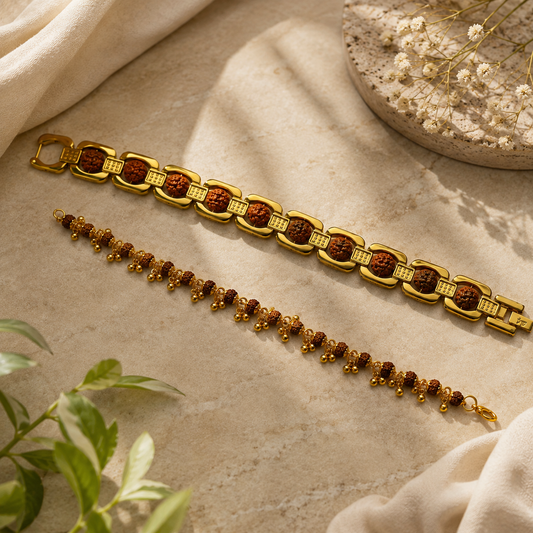 Gold Plated Essential+ Elemental Rudraksha Bracelet Couple Combo