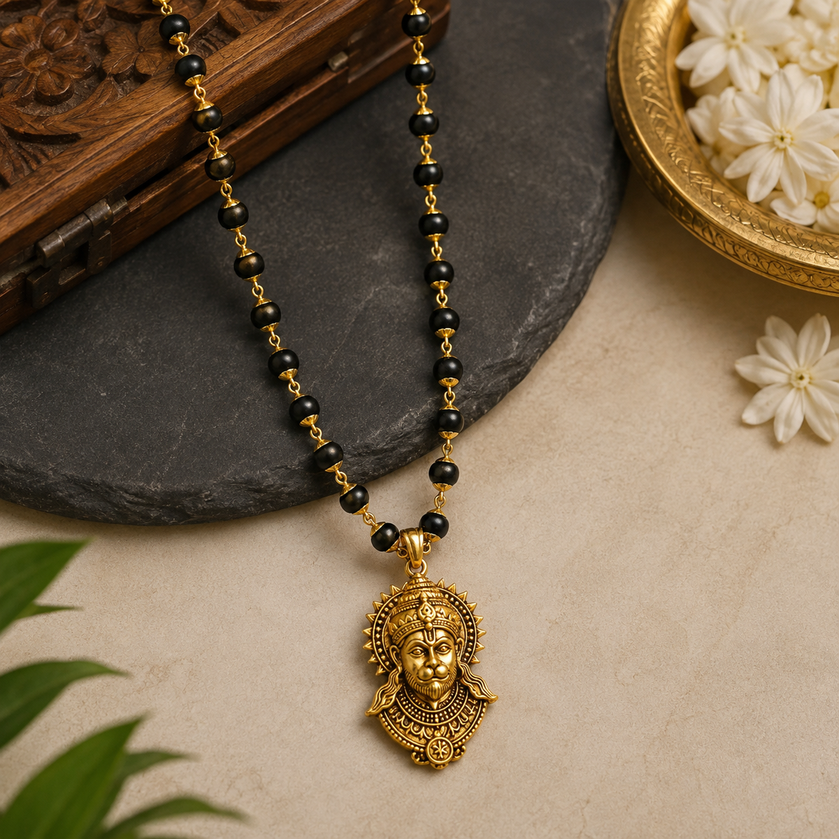 Gold Plated Karungali Mala with Bajrangbali Pendant
