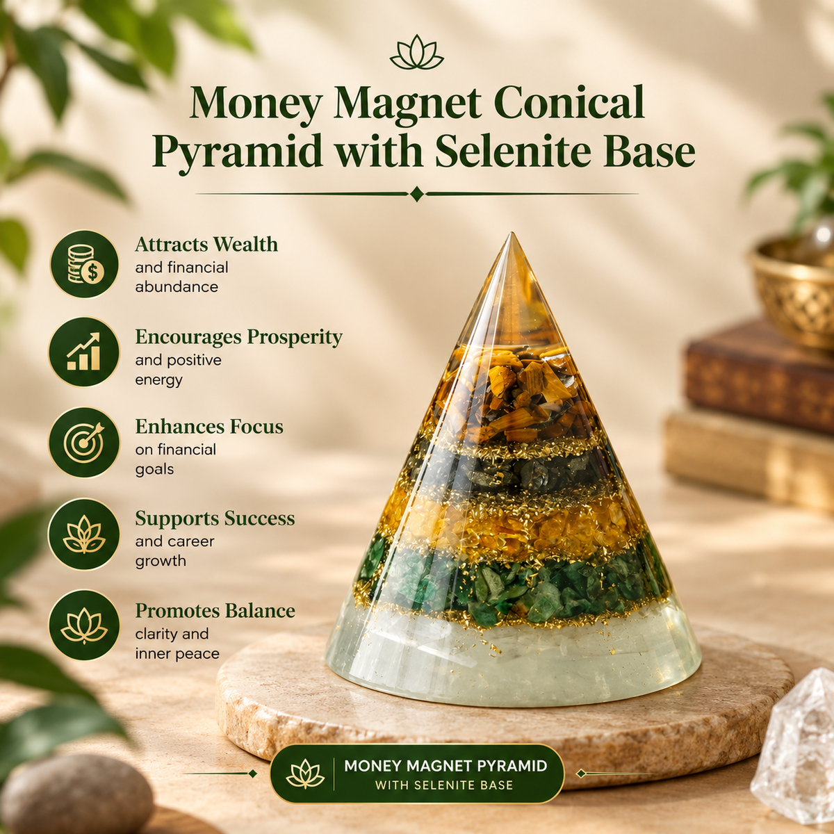 Money Magnet Pyramid with Selenite Base for Vaastu