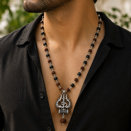 Rudraksha & Karungali Mala with Trishul Pendant - Silver Plated