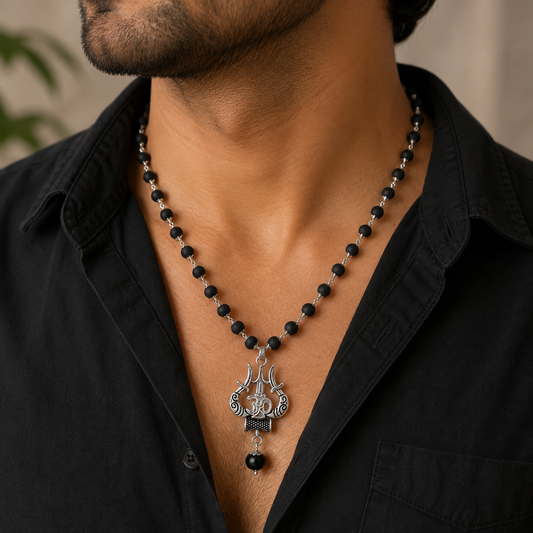 Silver Plated Karungali Mala with Trishool Pendant