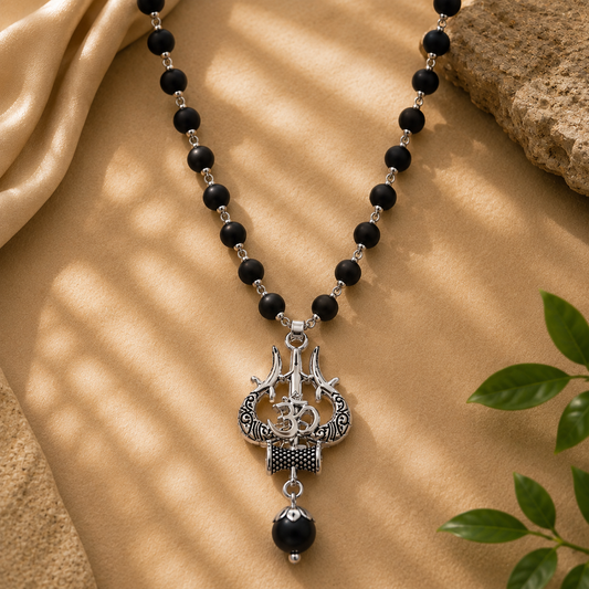Silver Plated Karungali Mala with Trishool Pendant