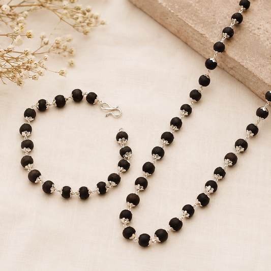 Silver Plated Karungali Mala & Bracelet Combo