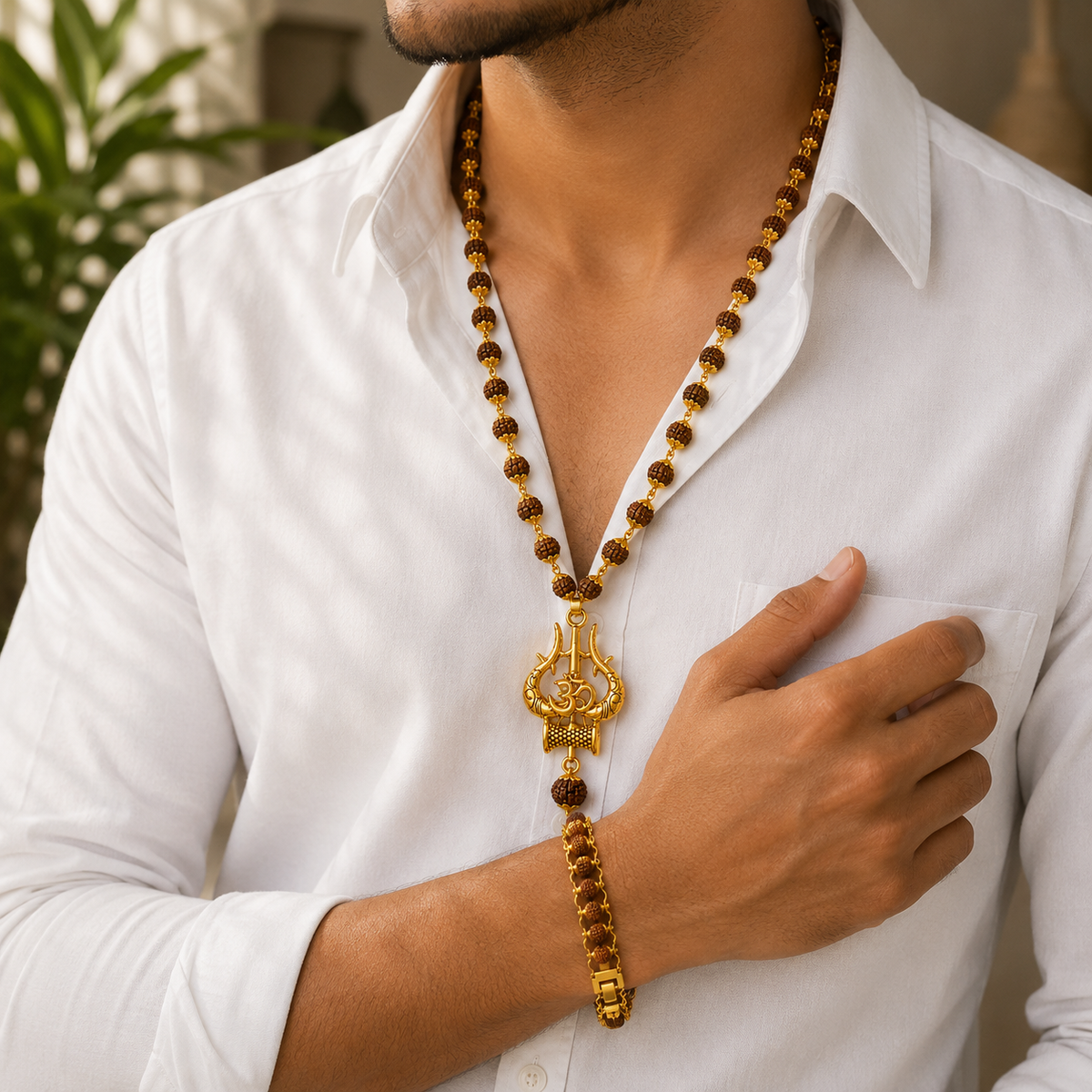 Gold Plated Trishul Pendant Rudraksha Mala + Modern Rudraksha Bracelet