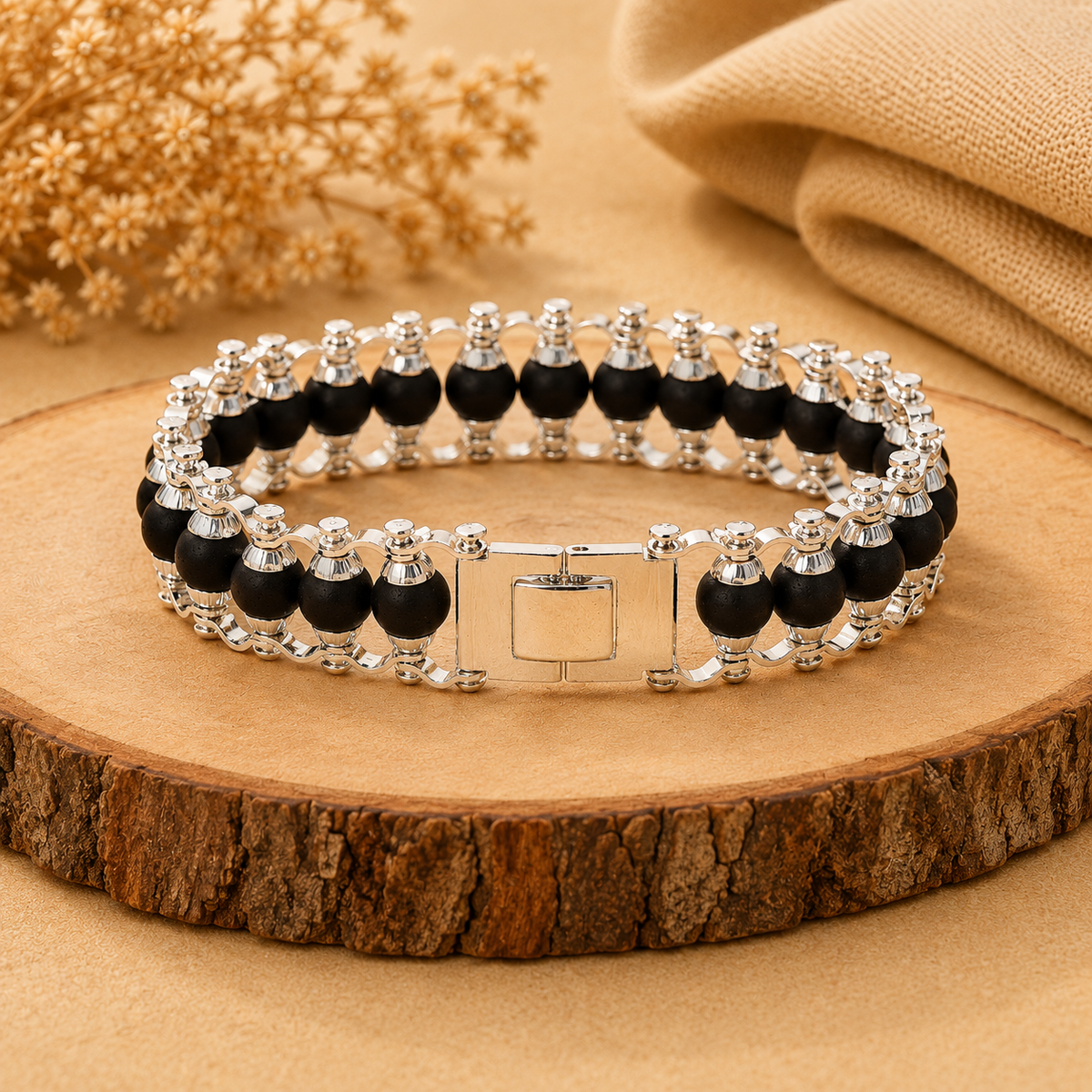 Silver Plated Karungali Modern Bracelet | Natural Karungali Wood Beads