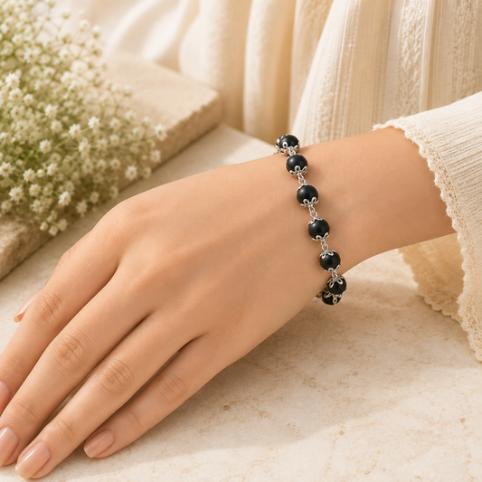 Silver Plated Luna Karungali Beads Bracelet for Women