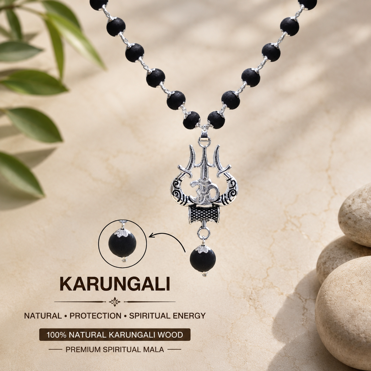Silver Plated Karungali Mala with Trishool Pendant
