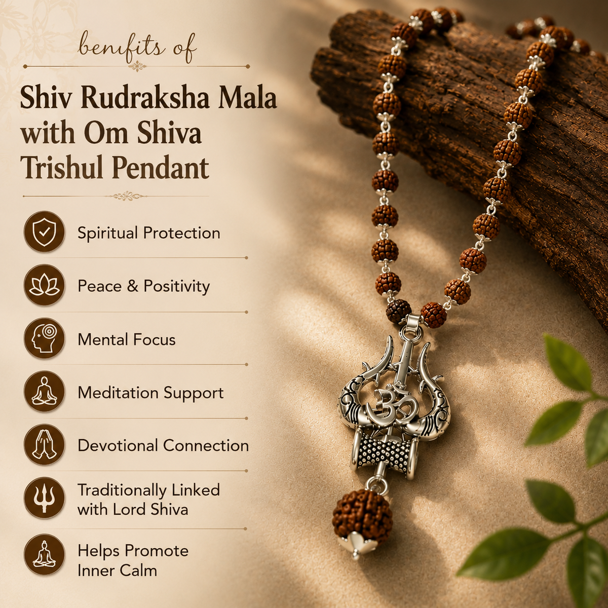 Divya Shiv Rudraksha Mala with Om Shiva Trishul Pendant – Silver Coating