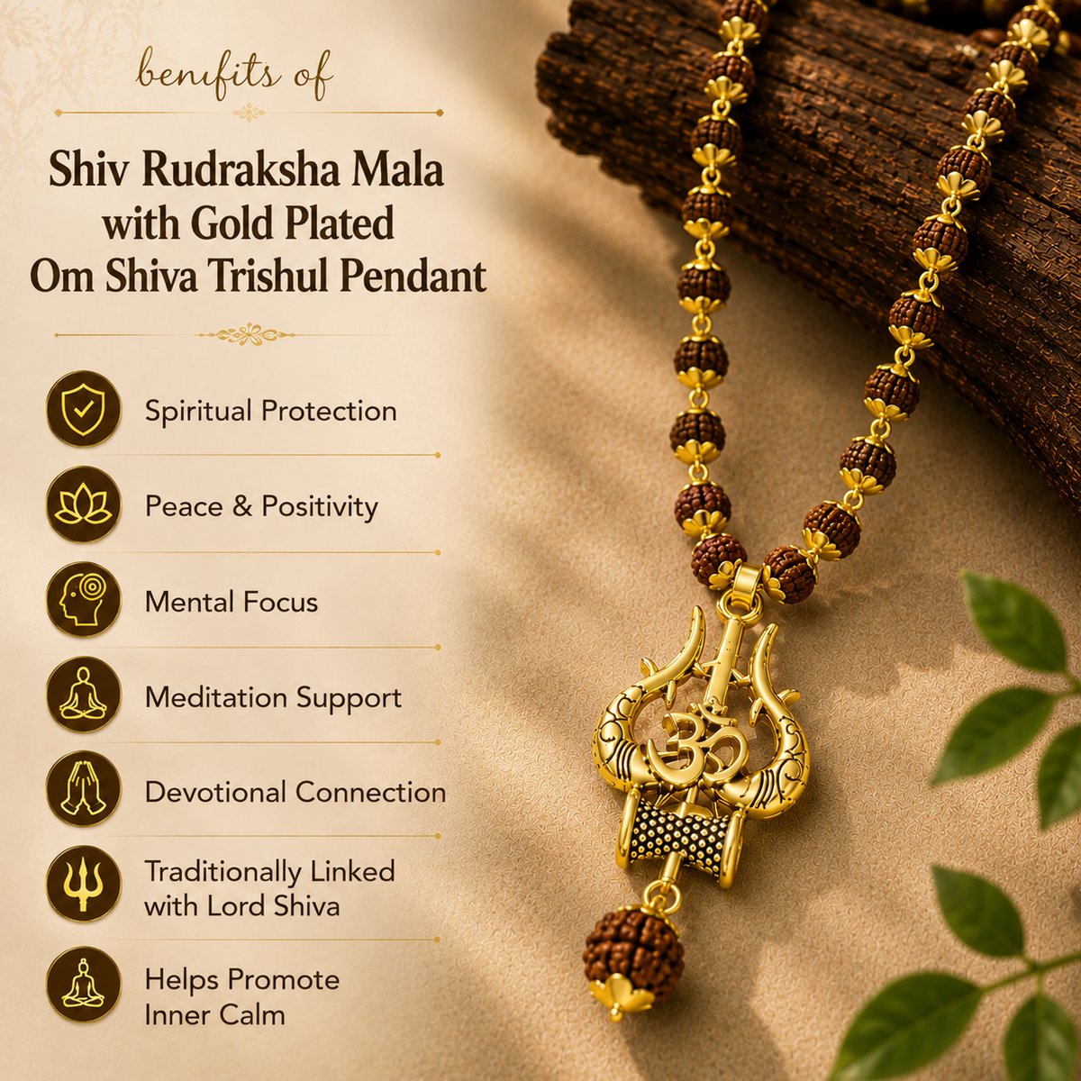 Divya Shiv Rudraksha Mala with  Om Trishul Pendant - Gold Plated