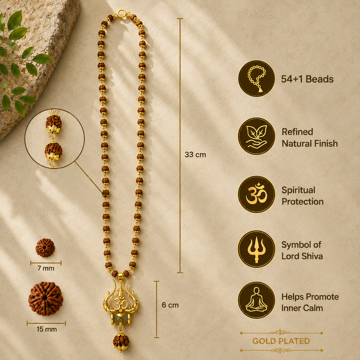 Divya Shiv Rudraksha Mala with  Om Trishul Pendant - Gold Plated