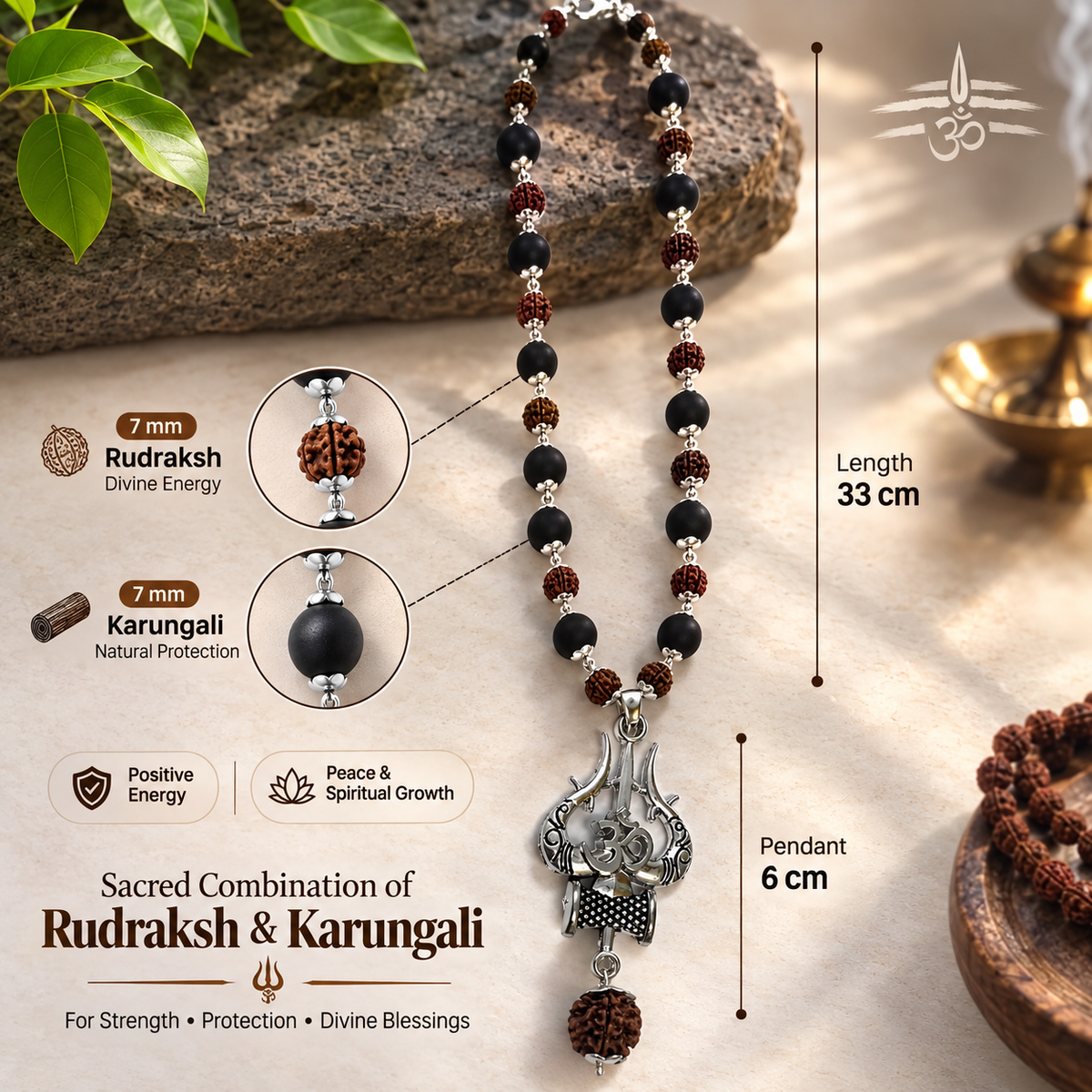 Rudraksha & Karungali Mala with Trishul Pendant - Silver Plated