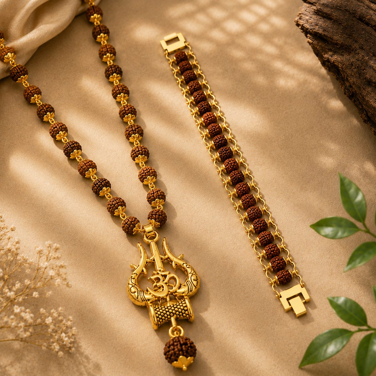 Gold Plated Trishul Pendant Rudraksha Mala + Modern Rudraksha Bracelet