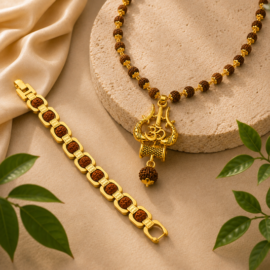 Gold Plated Trishul Pendant Rudraksha Mala + Essential Rudraksha Bracelet