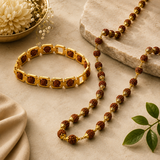 Gold Plated Rudraksha Mala + Essential Rudraksha Bracelet