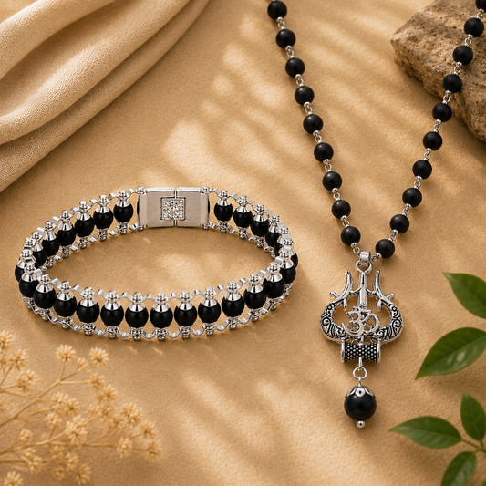 Silver Plated Trishul Pendant Karungali Mala + Modern Karungali Bracelet