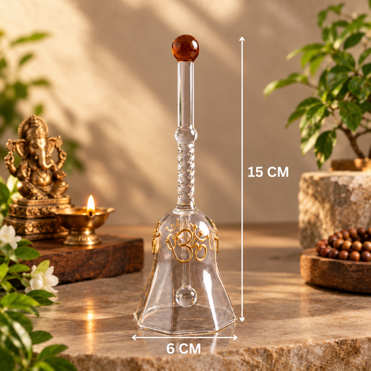 Glass Pooja Bell with Om Design, Decorative Mandir Bell for Home Temple & Daily Puja