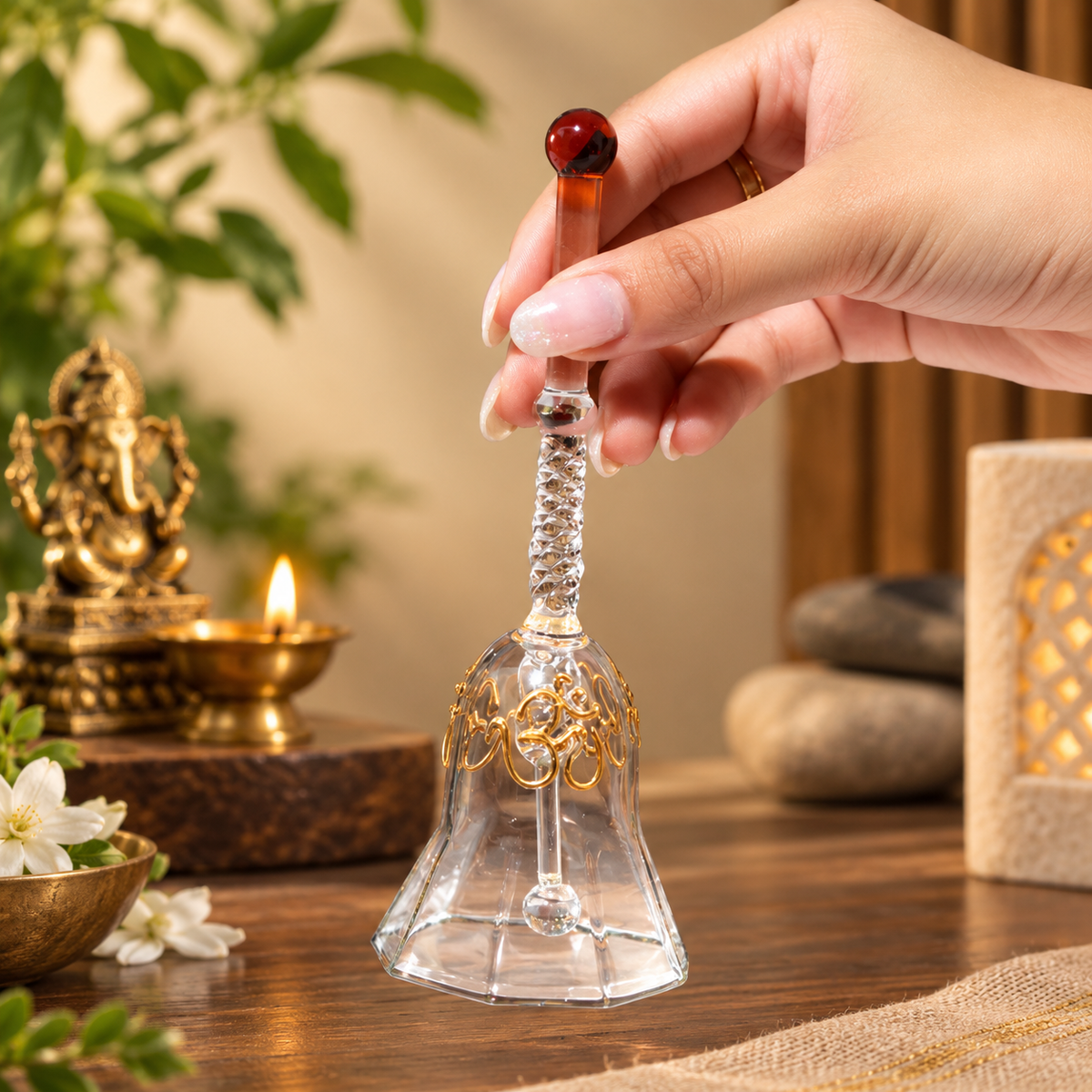 Glass Pooja Bell with Om Design, Decorative Mandir Bell for Home Temple & Daily Puja
