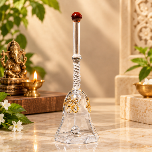 Glass Pooja Bell with Om Design, Decorative Mandir Bell for Home Temple & Daily Puja