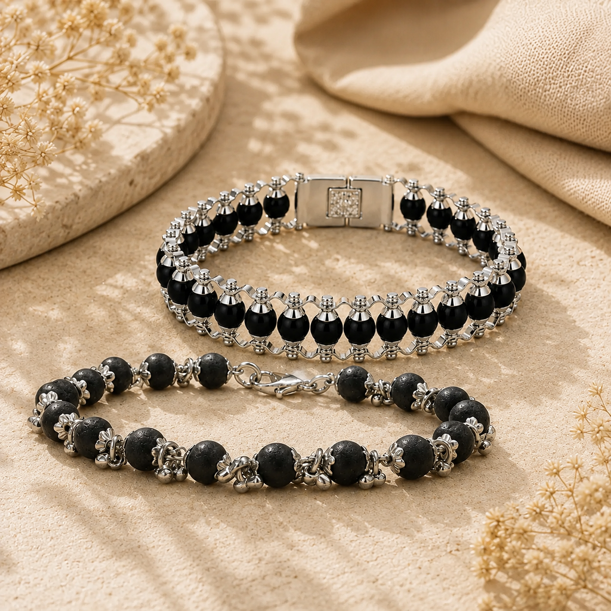Modern Karungali Men’s Bracelet + Elegant Women’s Karungali Bracelet Couple Combo