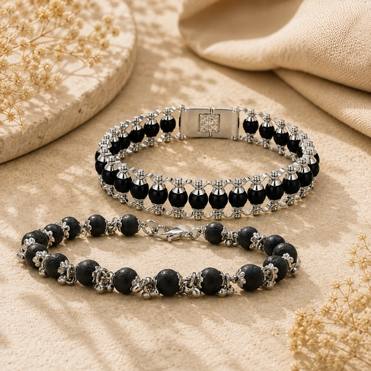 Modern Karungali Men’s Bracelet + Elegant Women’s Karungali Bracelet Couple Combo