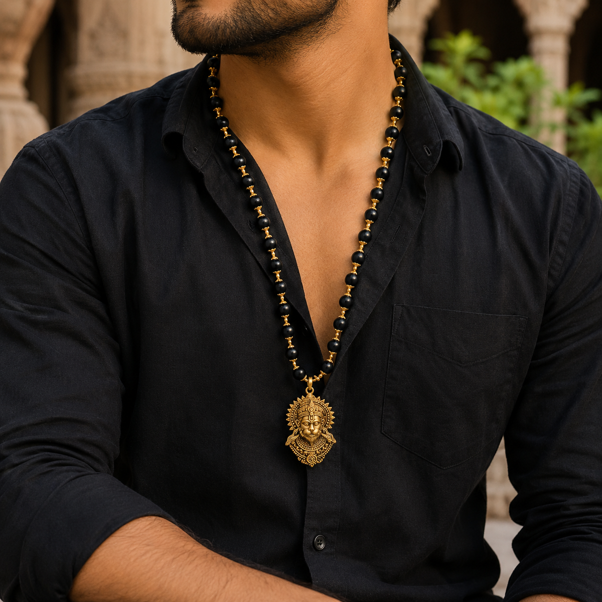 Gold Plated Karungali Mala with Bajrangbali Pendant