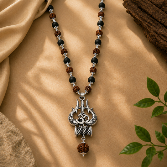 Rudraksha & Karungali Mala with Trishul Pendant - Silver Plated