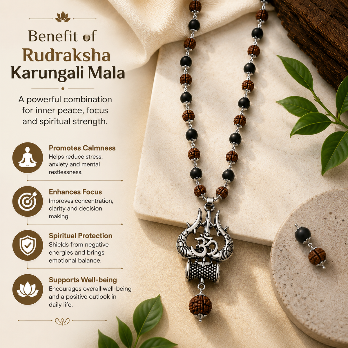 Rudraksha & Karungali Mala with Trishul Pendant - Silver Plated