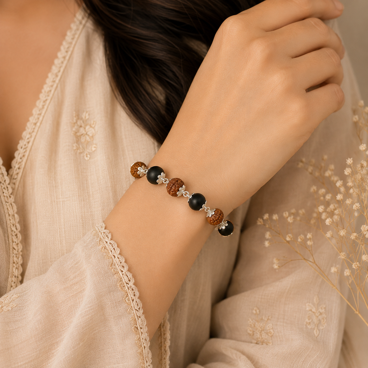 Silver Plated Rudraksha & Karungali Bracelet
