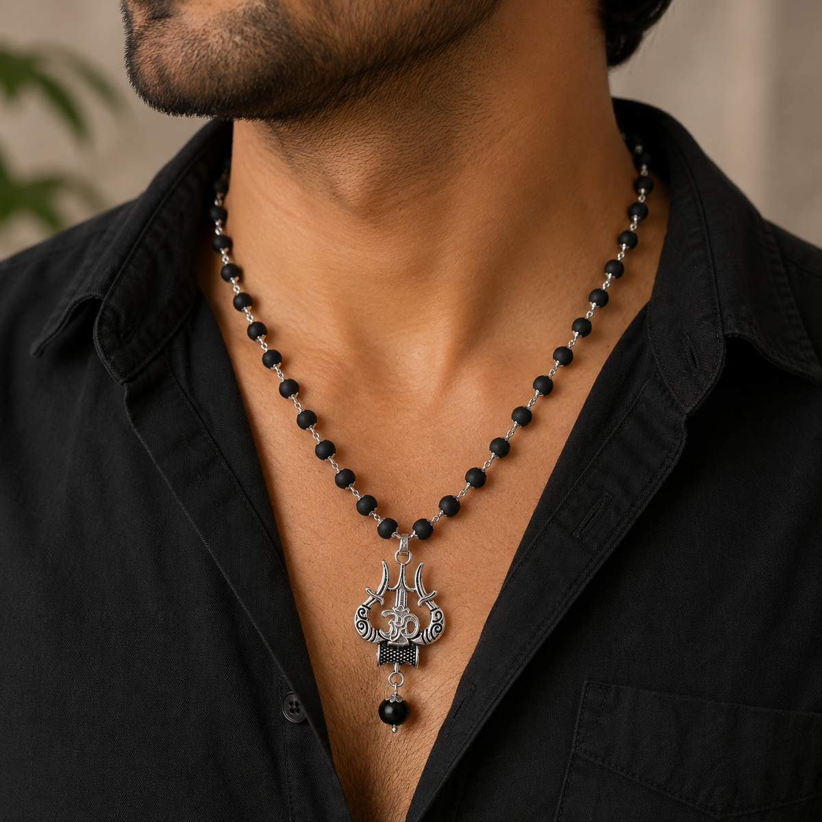 Silver Plated Karungali Mala with Trishool Pendant