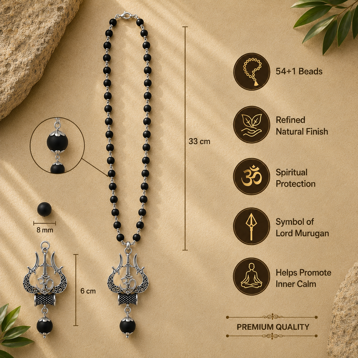 Silver Plated Karungali Mala with Trishool Pendant