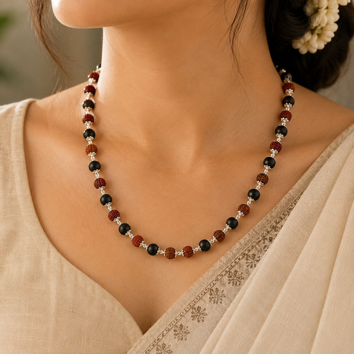 Silver Plated Karungali Rudraksha Mala