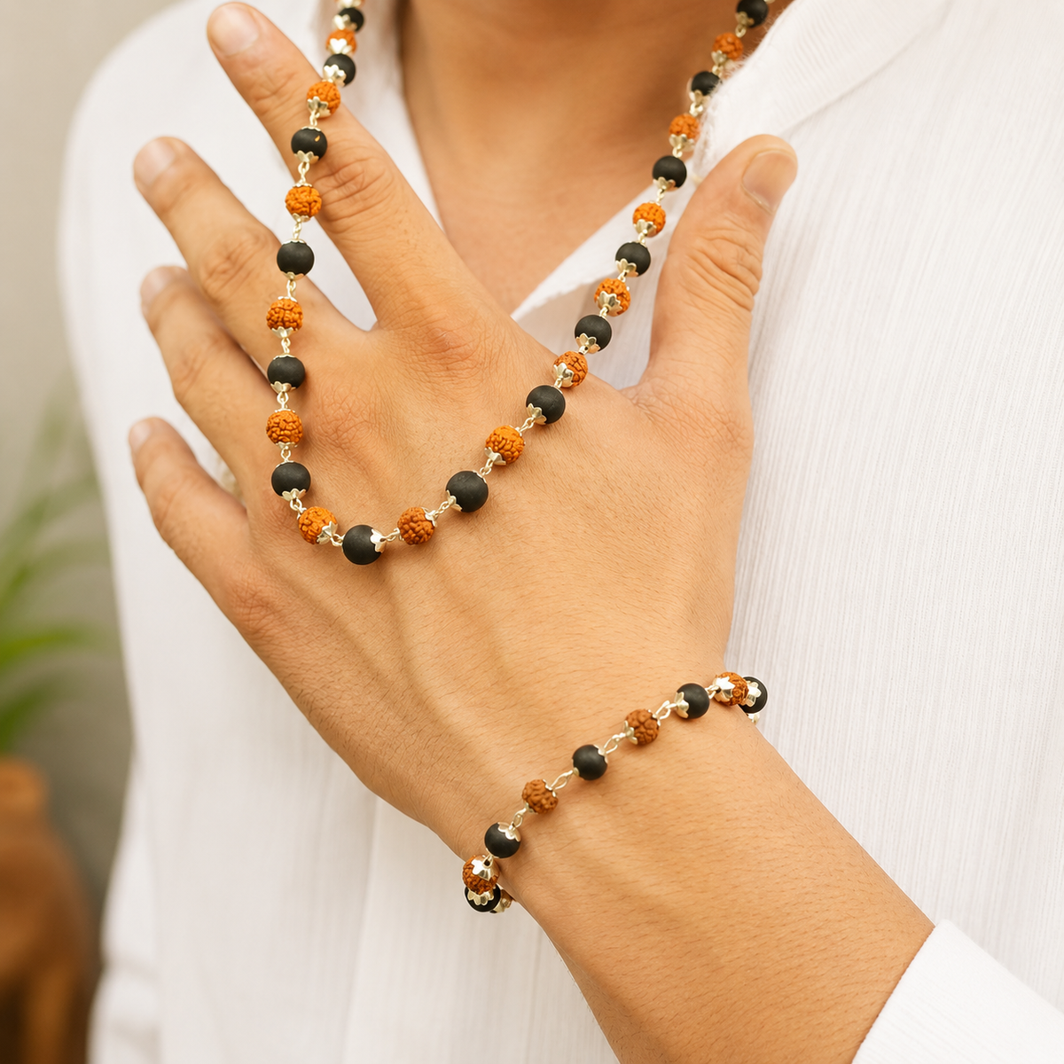 Silver Plated Rudraksha Karungali Mala + Bracelet Combo