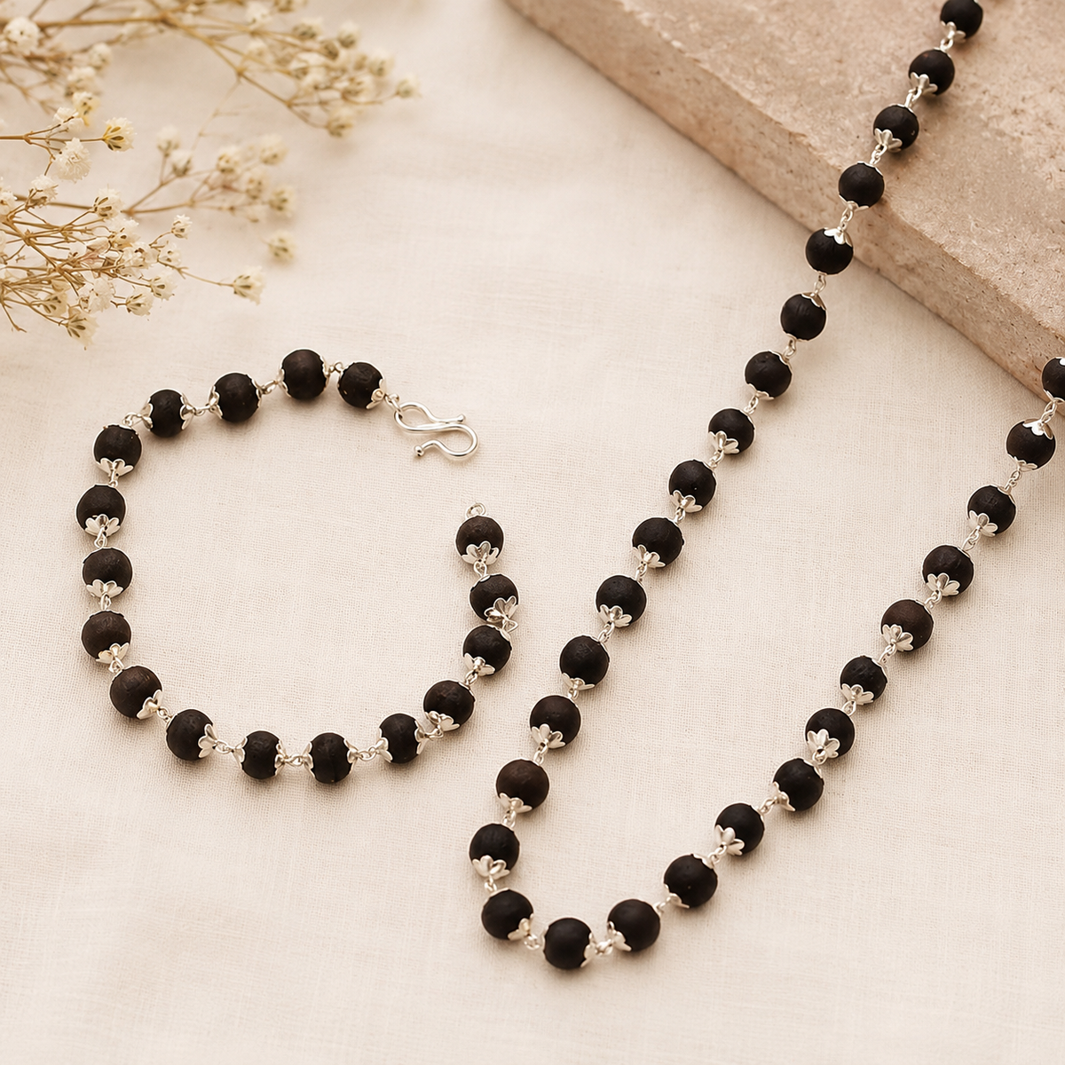 Silver Plated Karungali Mala & Bracelet Combo