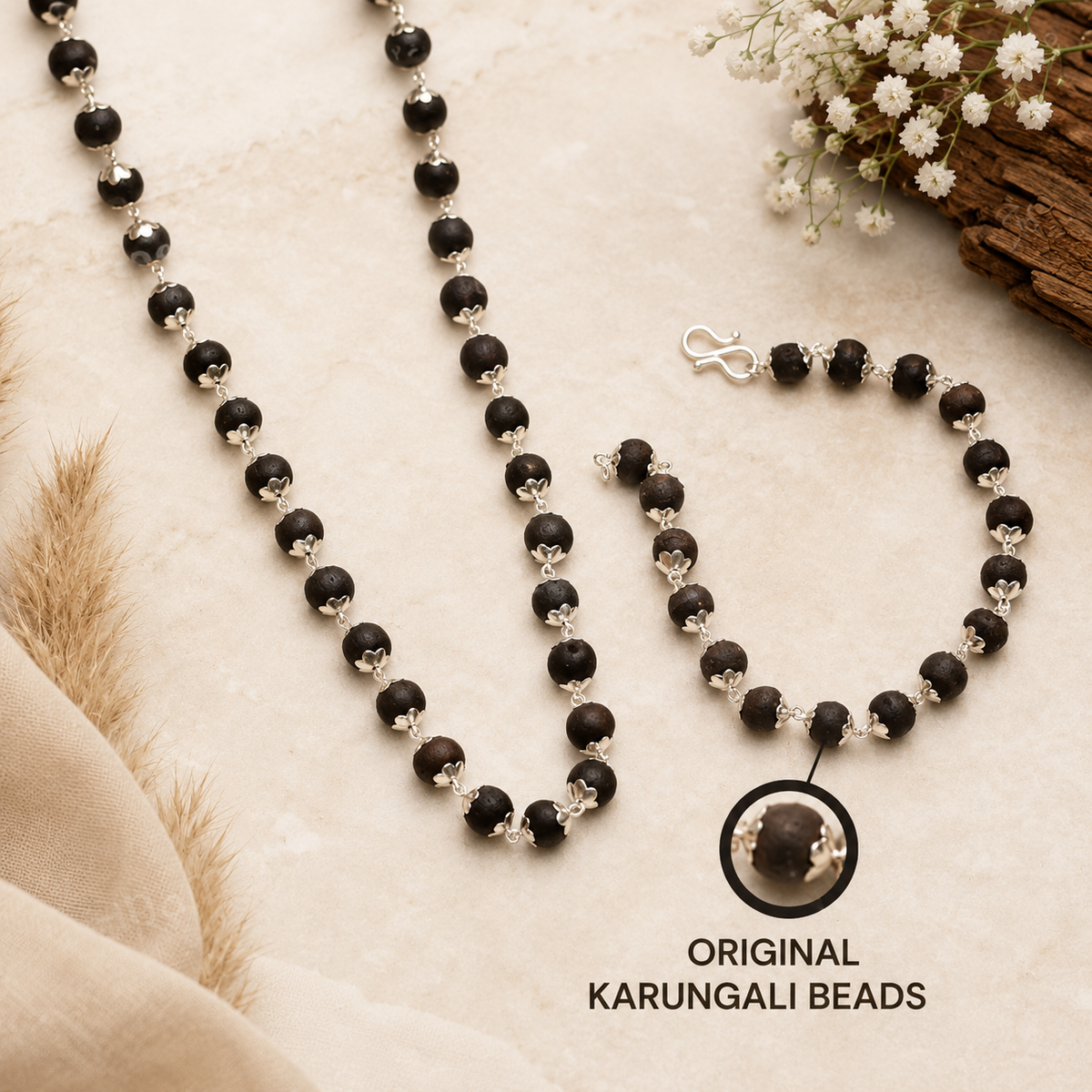 Silver Plated Karungali Mala & Bracelet Combo