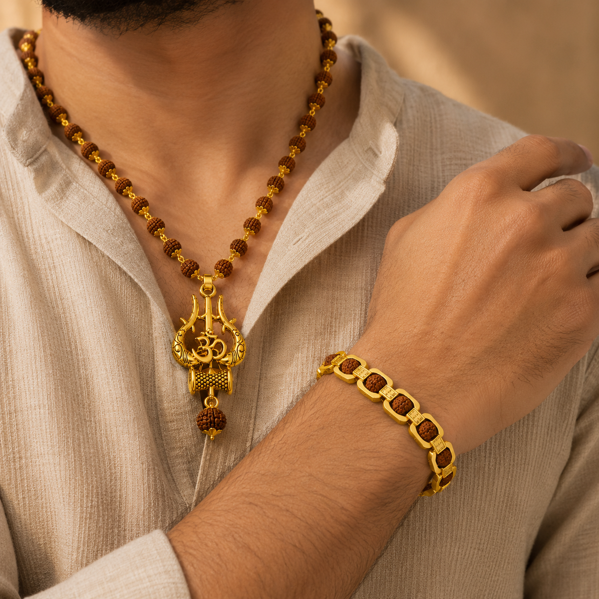 Gold Plated Trishul Pendant Rudraksha Mala + Essential Rudraksha Bracelet