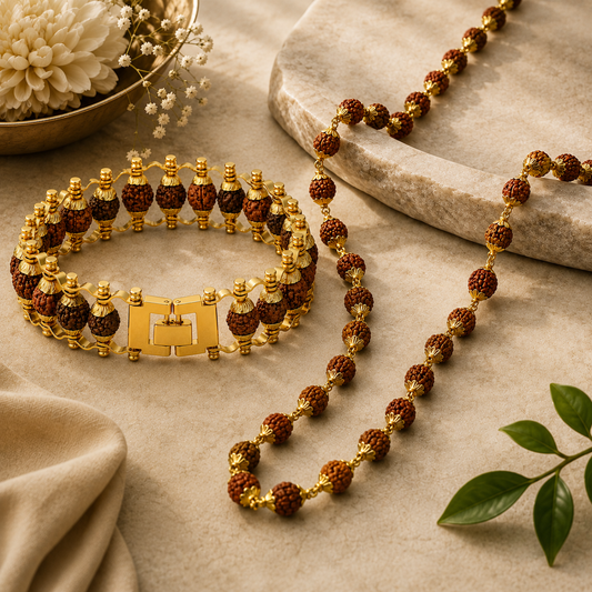 Gold Plated Rudraksha Mala + Modern Rudraksha Bracelet