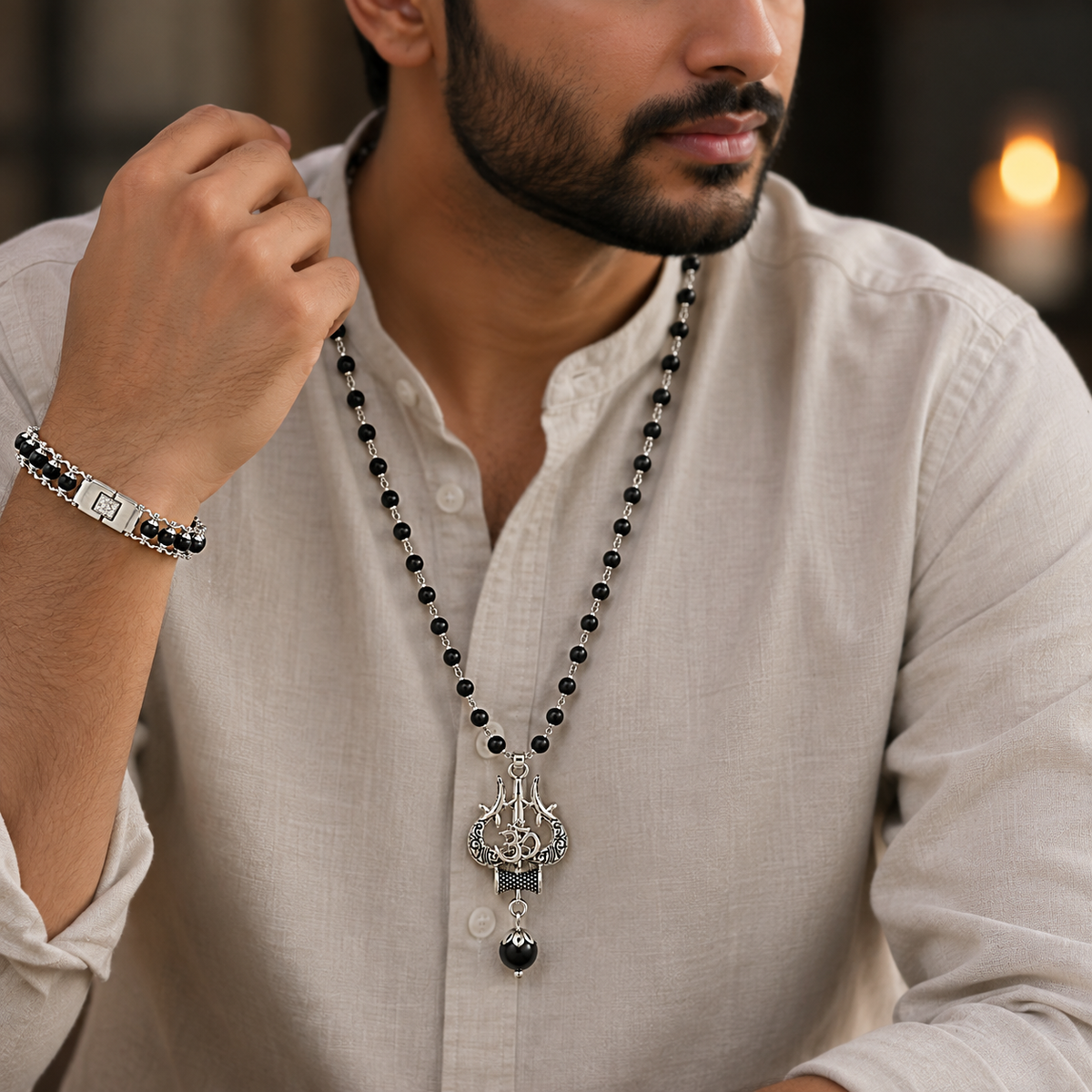 Silver Plated Trishul Pendant Karungali Mala + Modern Karungali Bracelet