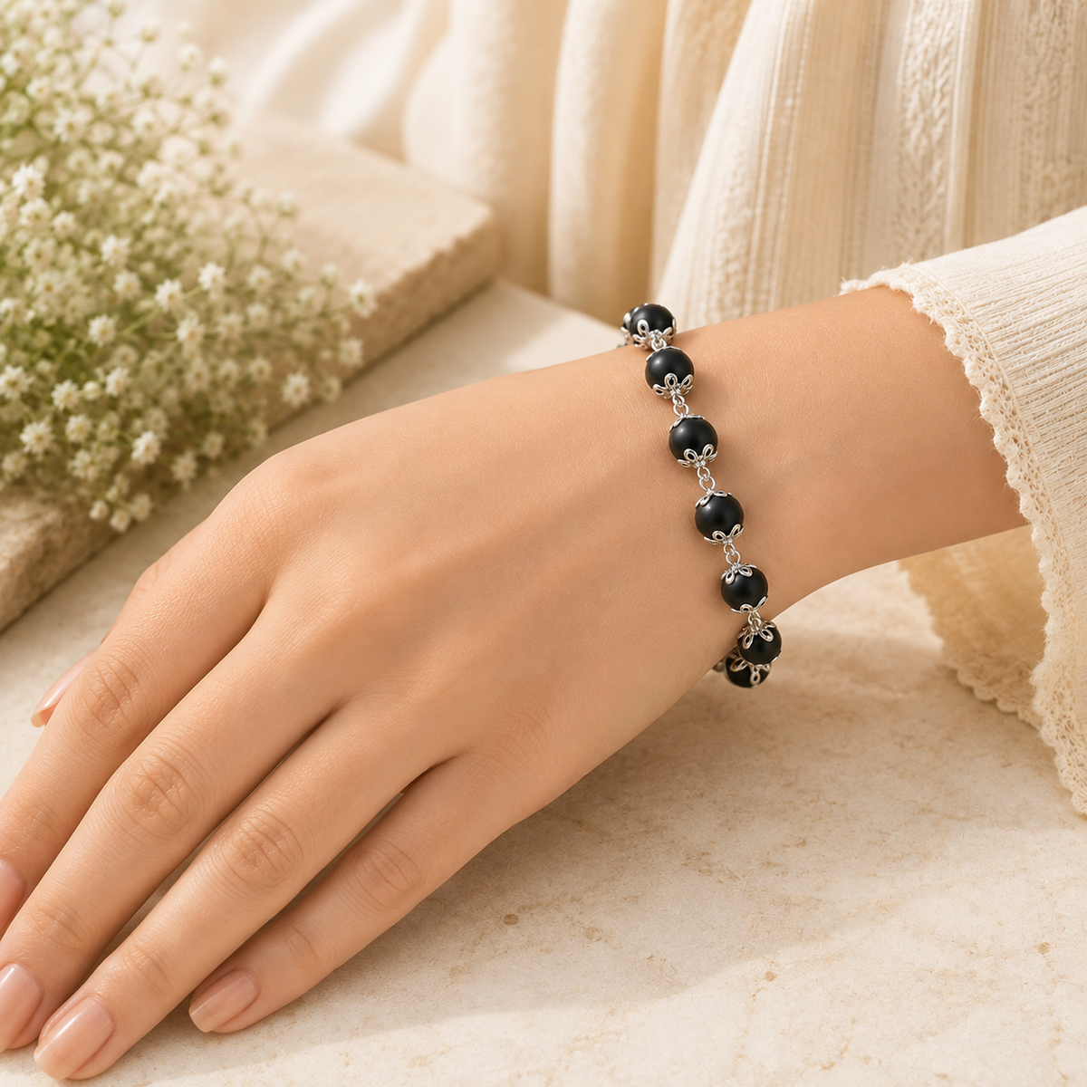 Silver Plated Luna Karungali Beads Bracelet for Women